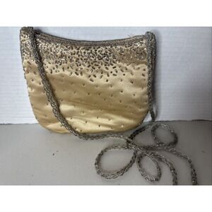 Vintage Gold Evening‎ Handbag Beaded Purse Sequins Silver/ Gold Braided Handle